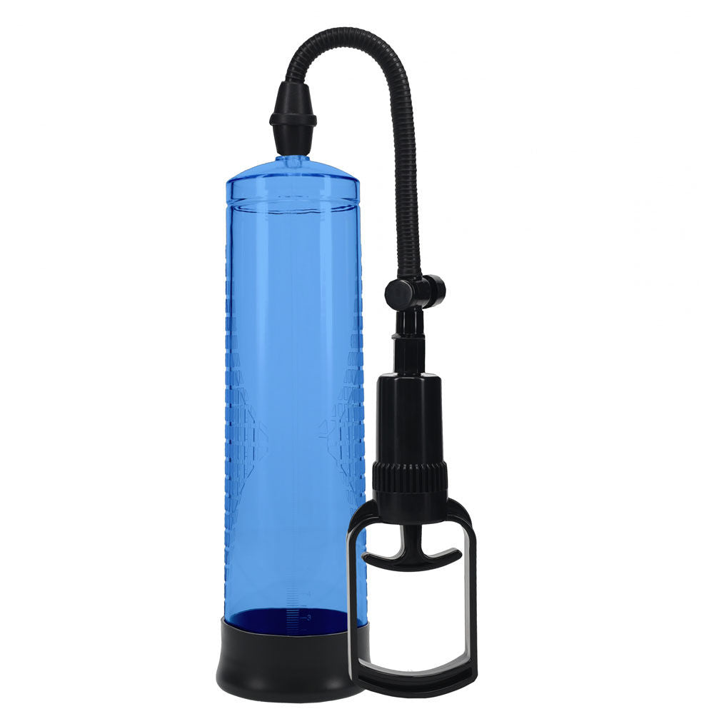 Basic transparent penis pump with measurement cylinder and soft silicone entry sleeve for erectile support and enhancement, blue front size | Flirty bay online adult store, adult toys and lingerie